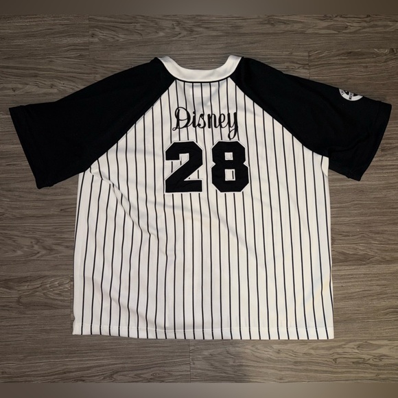 Rare Disney Mickey Mouse #28 White Black Pinstripe Baseball Jersey Mens Sz 2XL - Picture 1 of 6